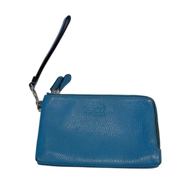 Coach Women's Turquoise Pebbled Leather Double Zip Wristlet Bag - Picture 6 of 6